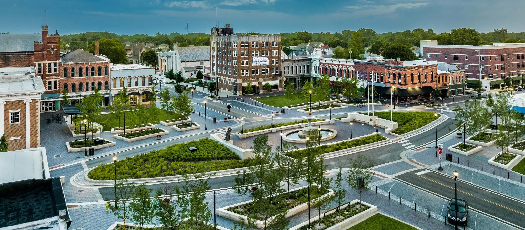 Overhead view of the main square in Shelbyville, Indiana