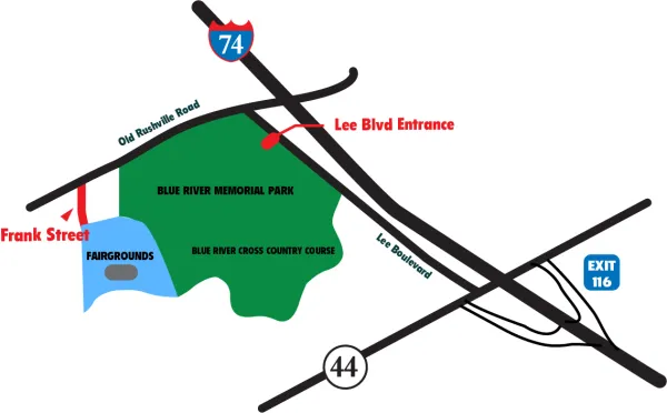 Illustrated map of the parking areas around Blue River Memorial Park