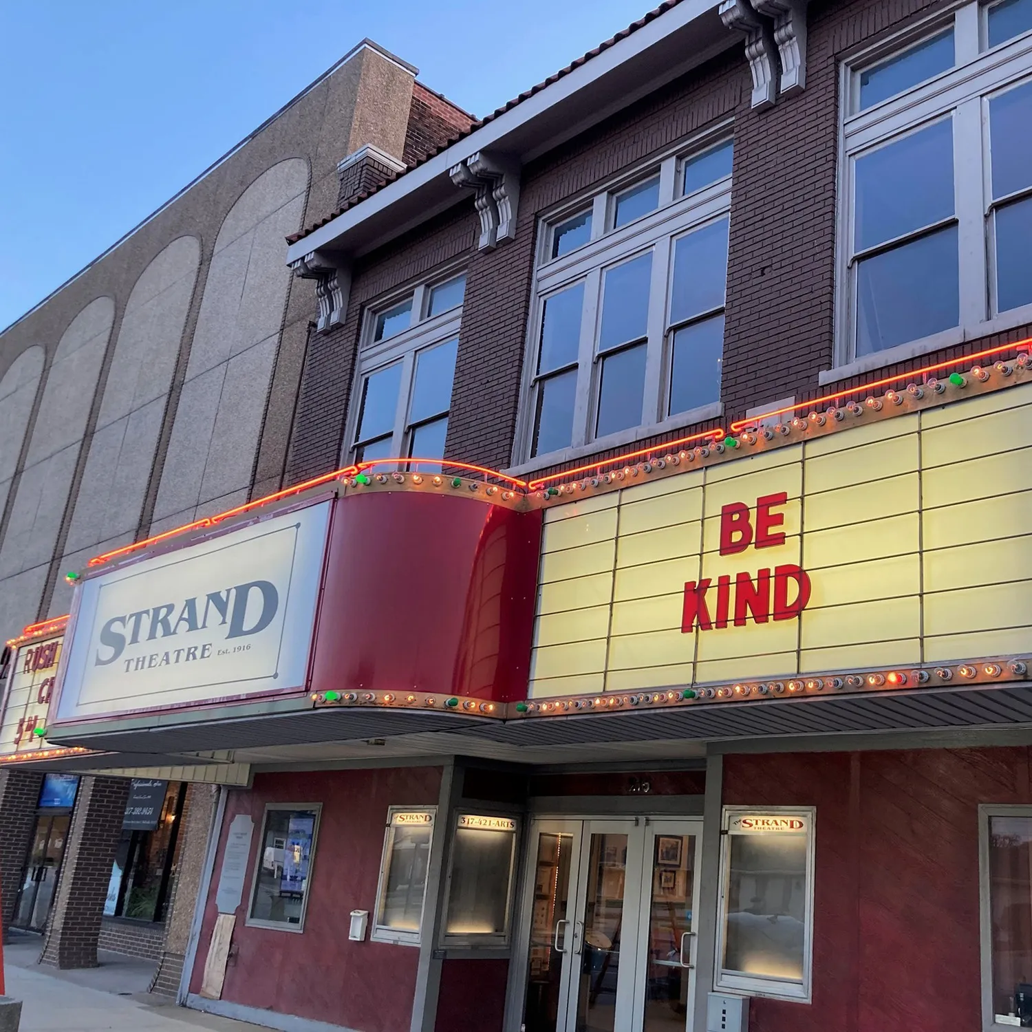 The outside of the Strand Theatre in Shelbyville, Indiana